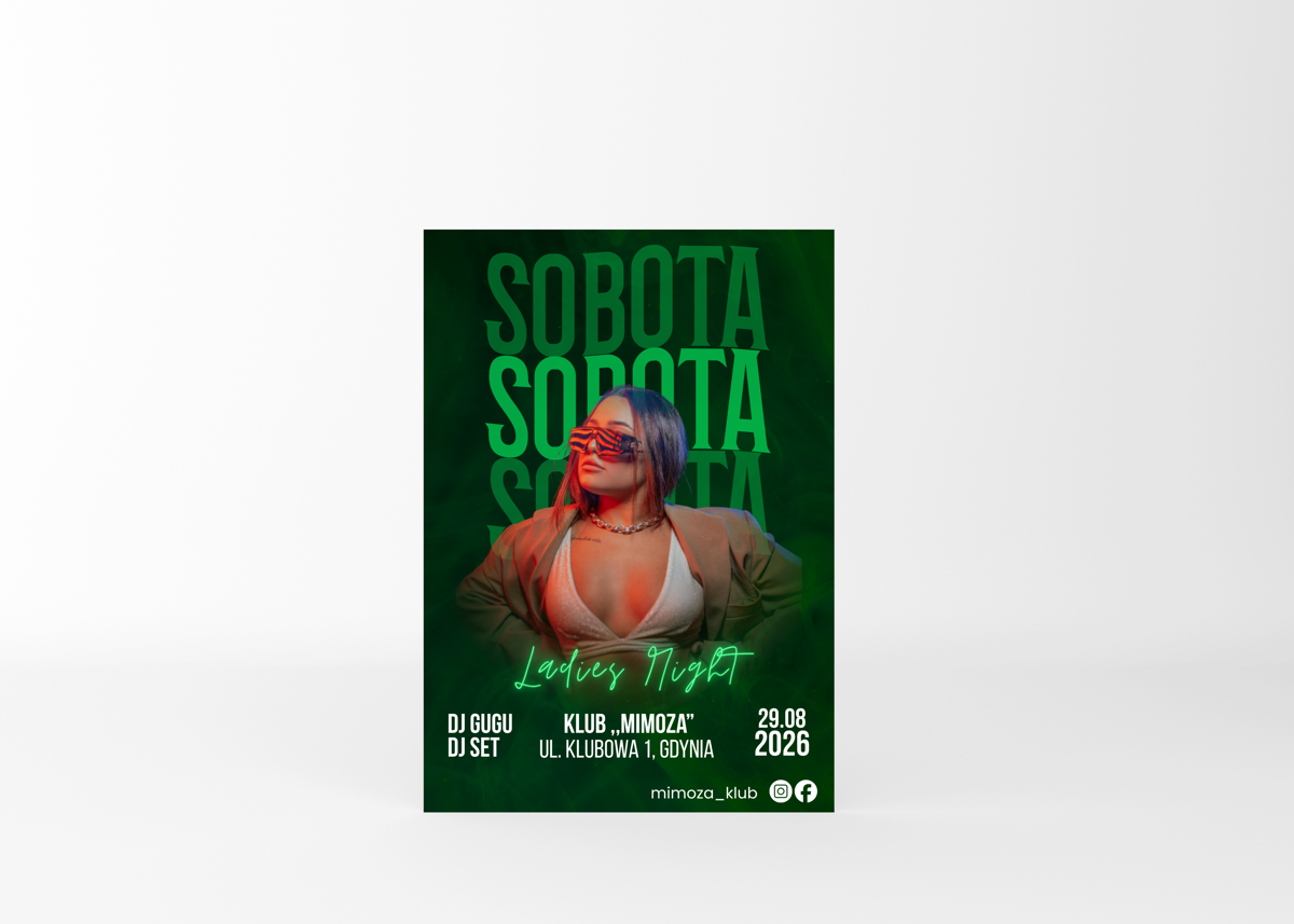 Nowoczesny projekt plakatu lub ulotki promującej wydarzenia klubowe, takie jak Ladies Night, koncerty, imprezy tematyczne czy sety DJ-skie. Dynamiczny design, efektowne kolory oraz miejsce na datę, lokalizację, wykonawców i media społecznościowe sprawiają, że projekt skutecznie przyciąga uwagę i promuje każde wydarzenie. 